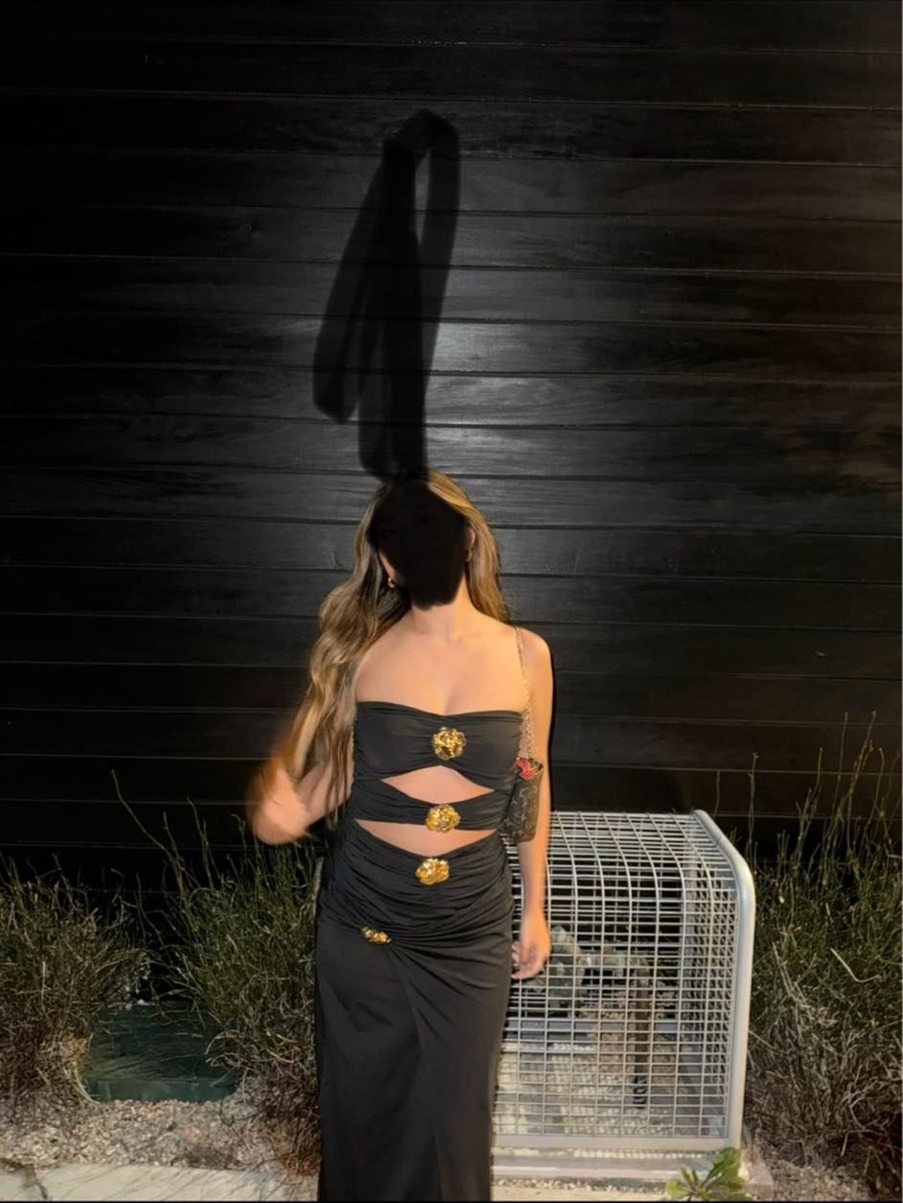 Women's Black Cutout Maxi Dress with Gold Rosette Accents